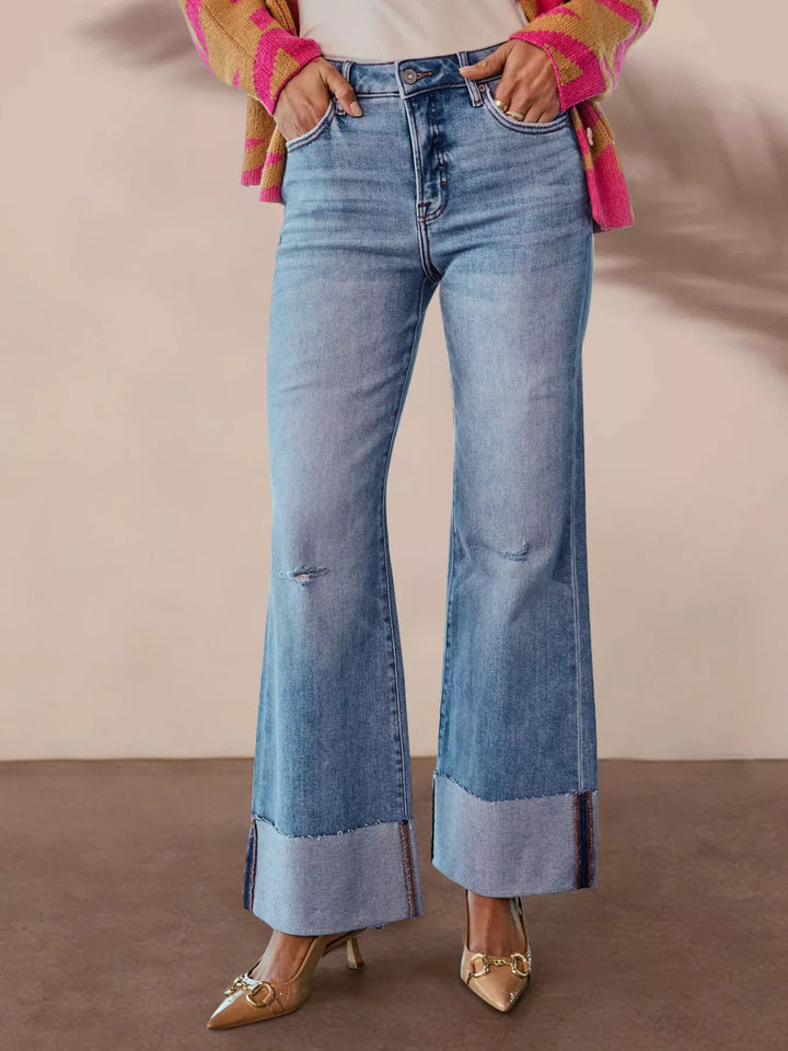 Blue Distressed high-rise flare jeans with raw cuffed hem
