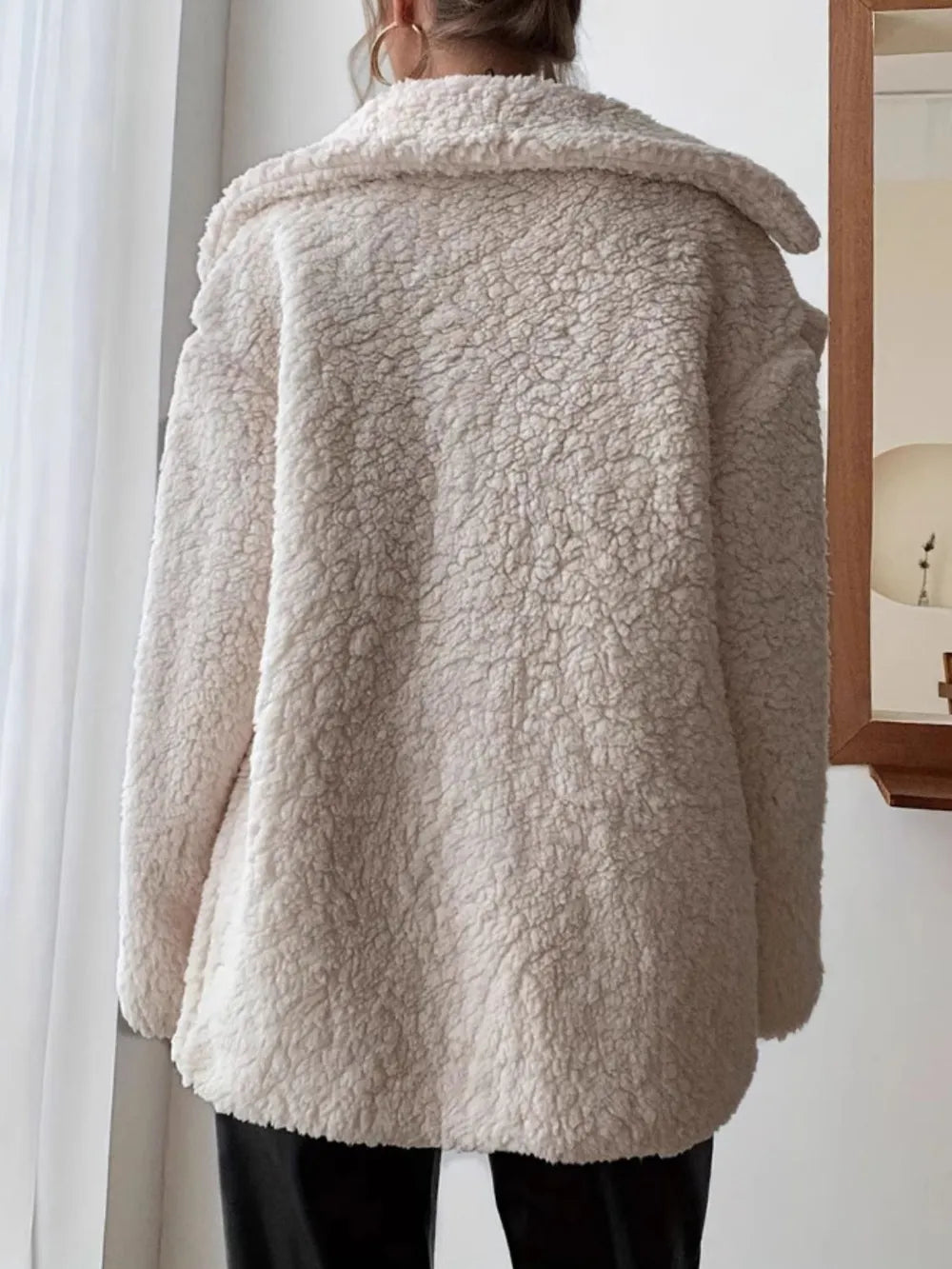 Fuzzy sherpa open front coat with notched lapels