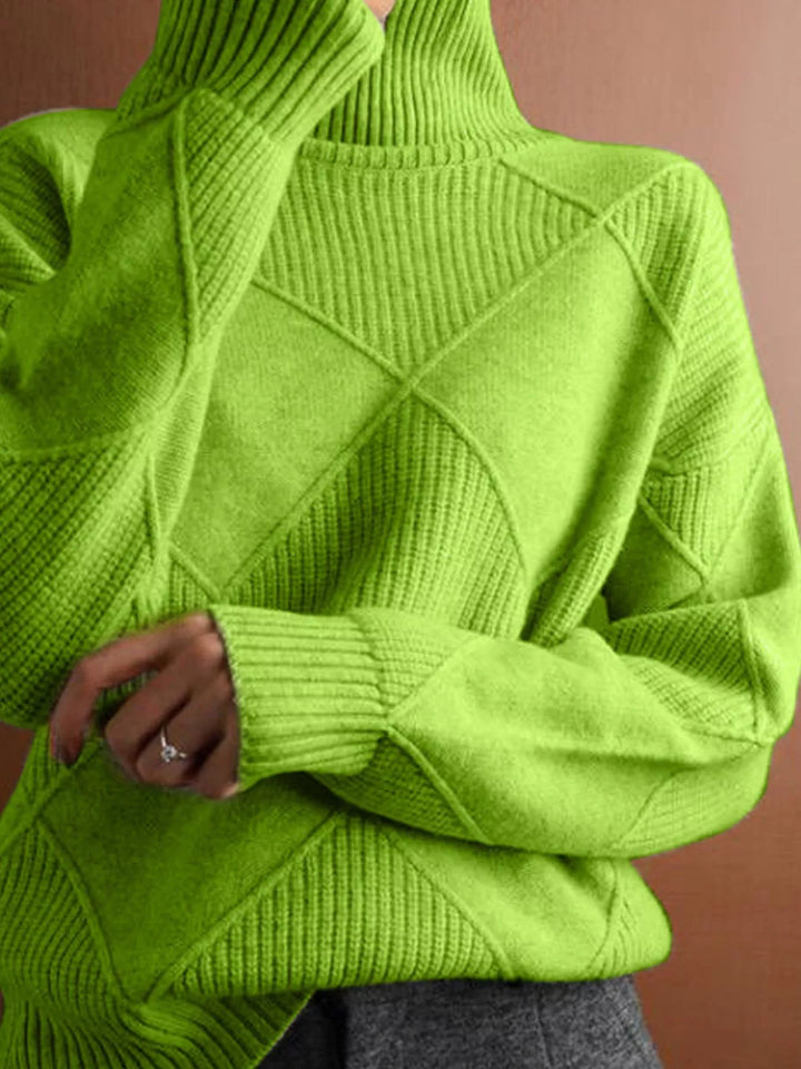 Textured argyle knit turtleneck sweater with ribbed cuffs