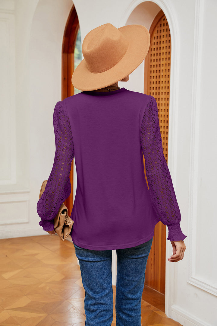 Contrast lace V-neck blouse with crochet long sleeves