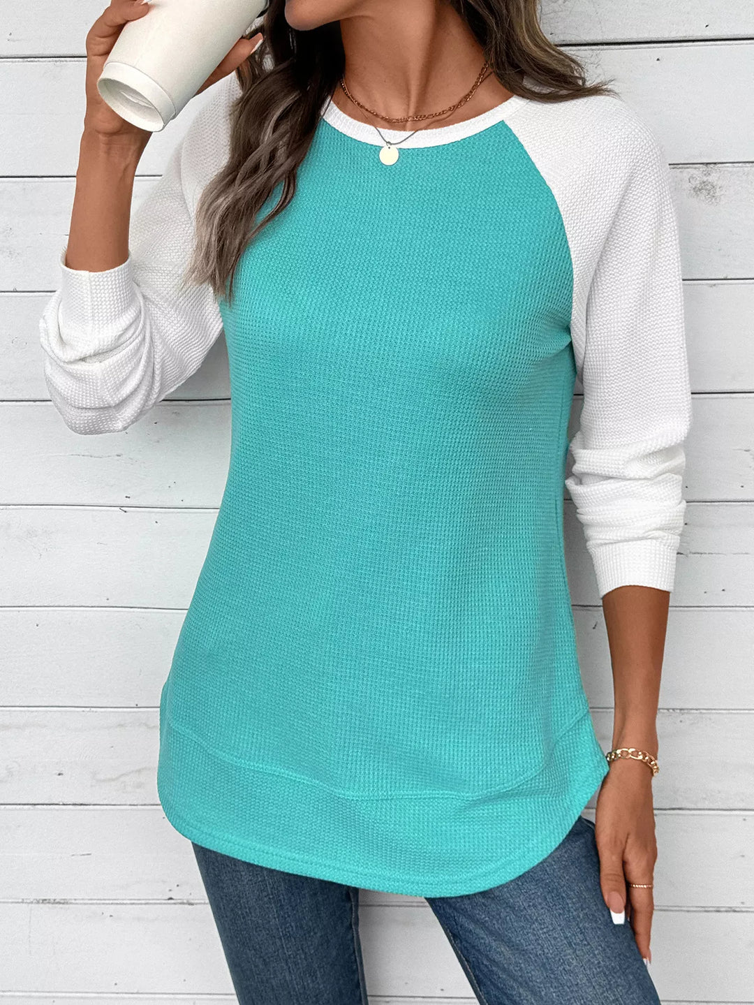 Contrast raglan waffle knit long sleeve top