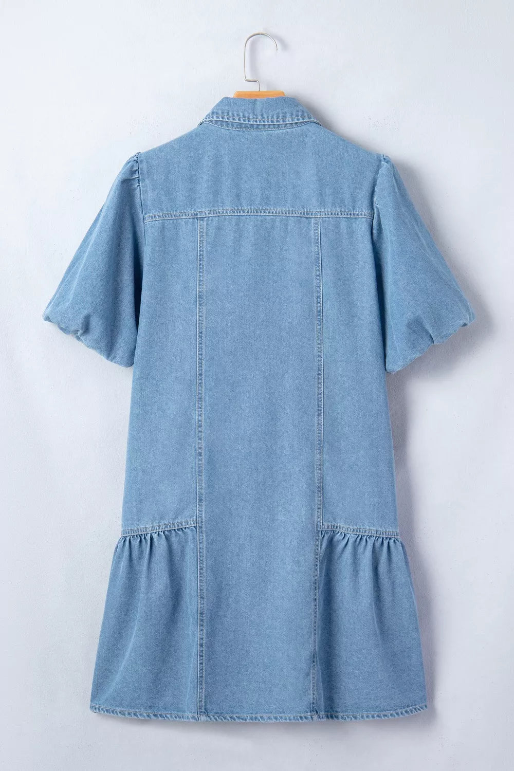 Button-down puff sleeve denim mini dress with ruffle hem