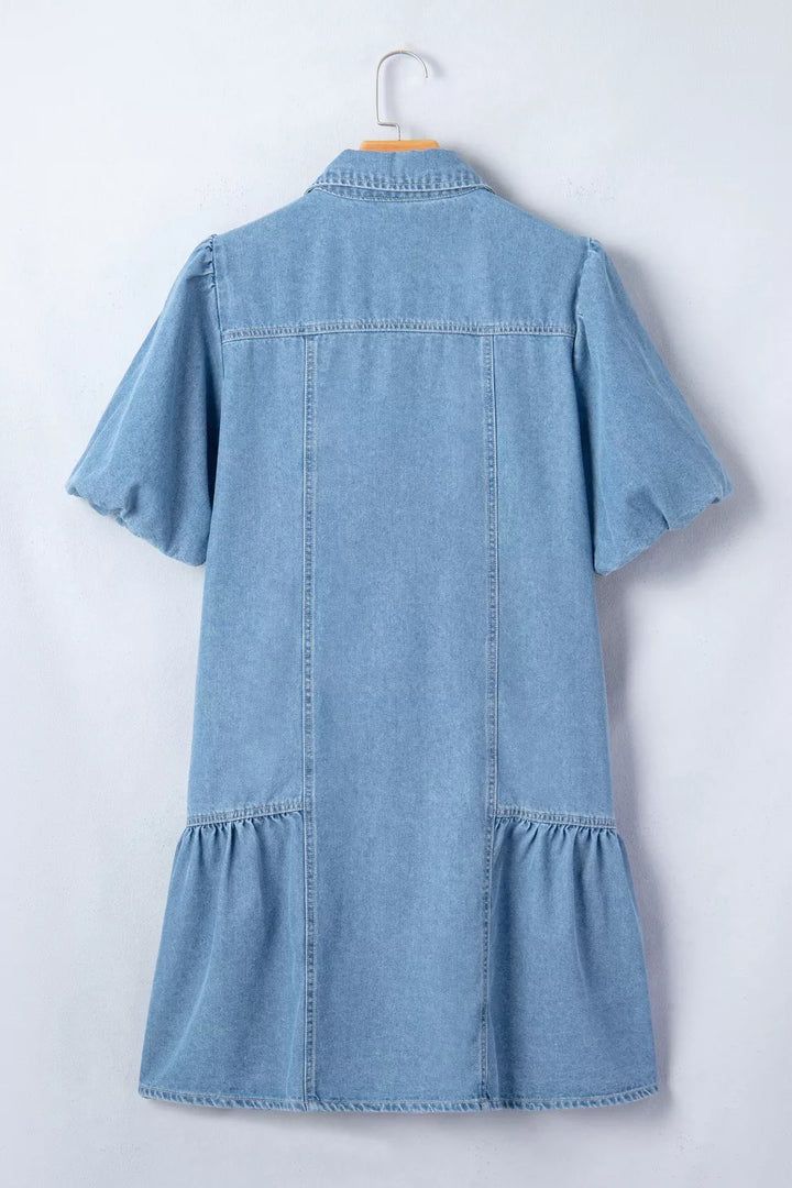Button-down puff sleeve denim mini dress with ruffle hem