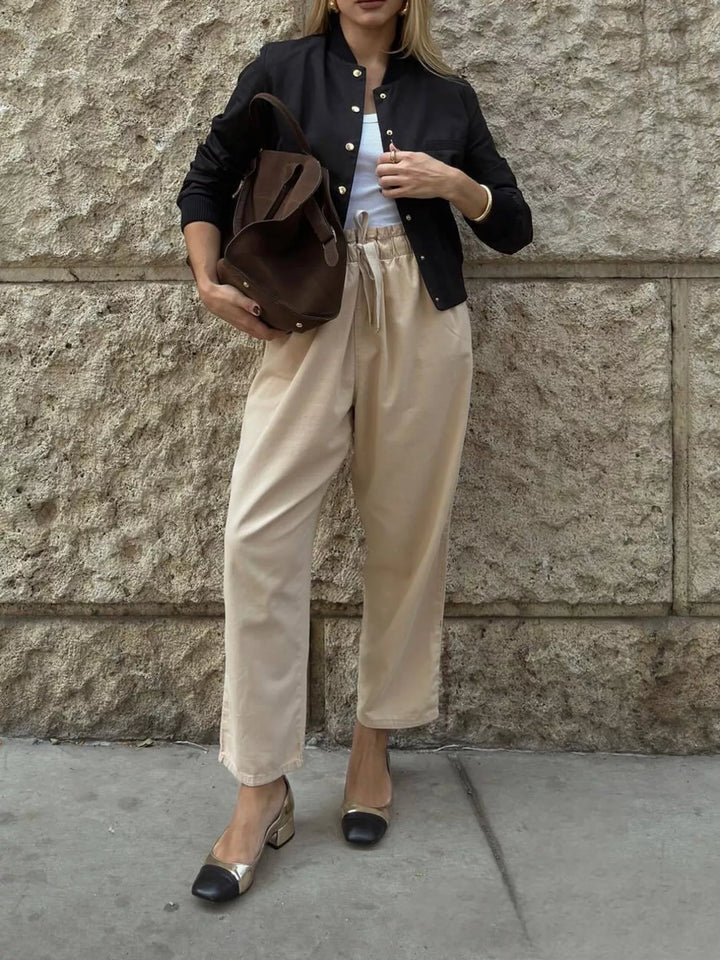 Cropped bomber jacket with gold snap button front