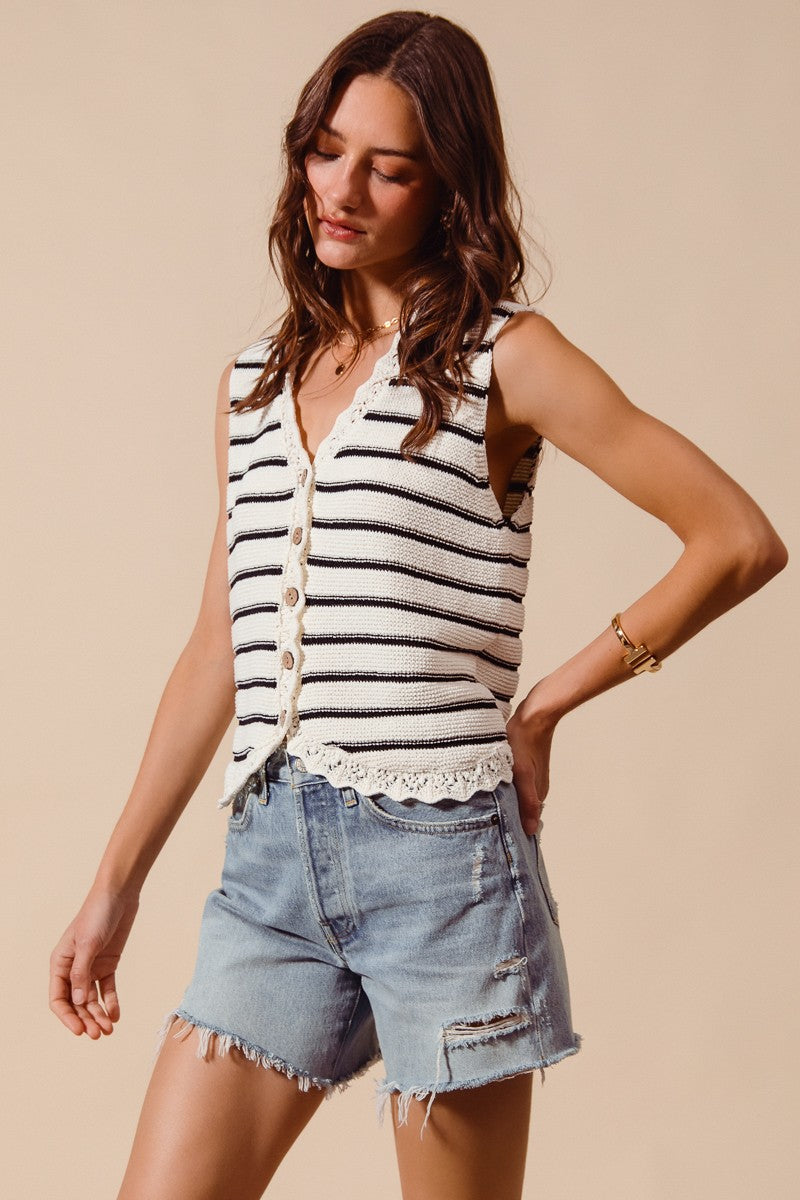 Striped knit button-down sweater vest with crochet trim