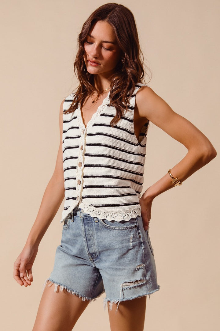 Striped knit button-down sweater vest with crochet trim