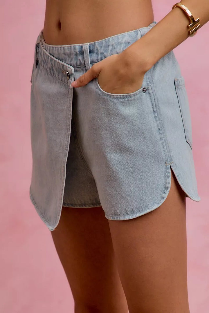 Wrap-front washed denim skort with pockets