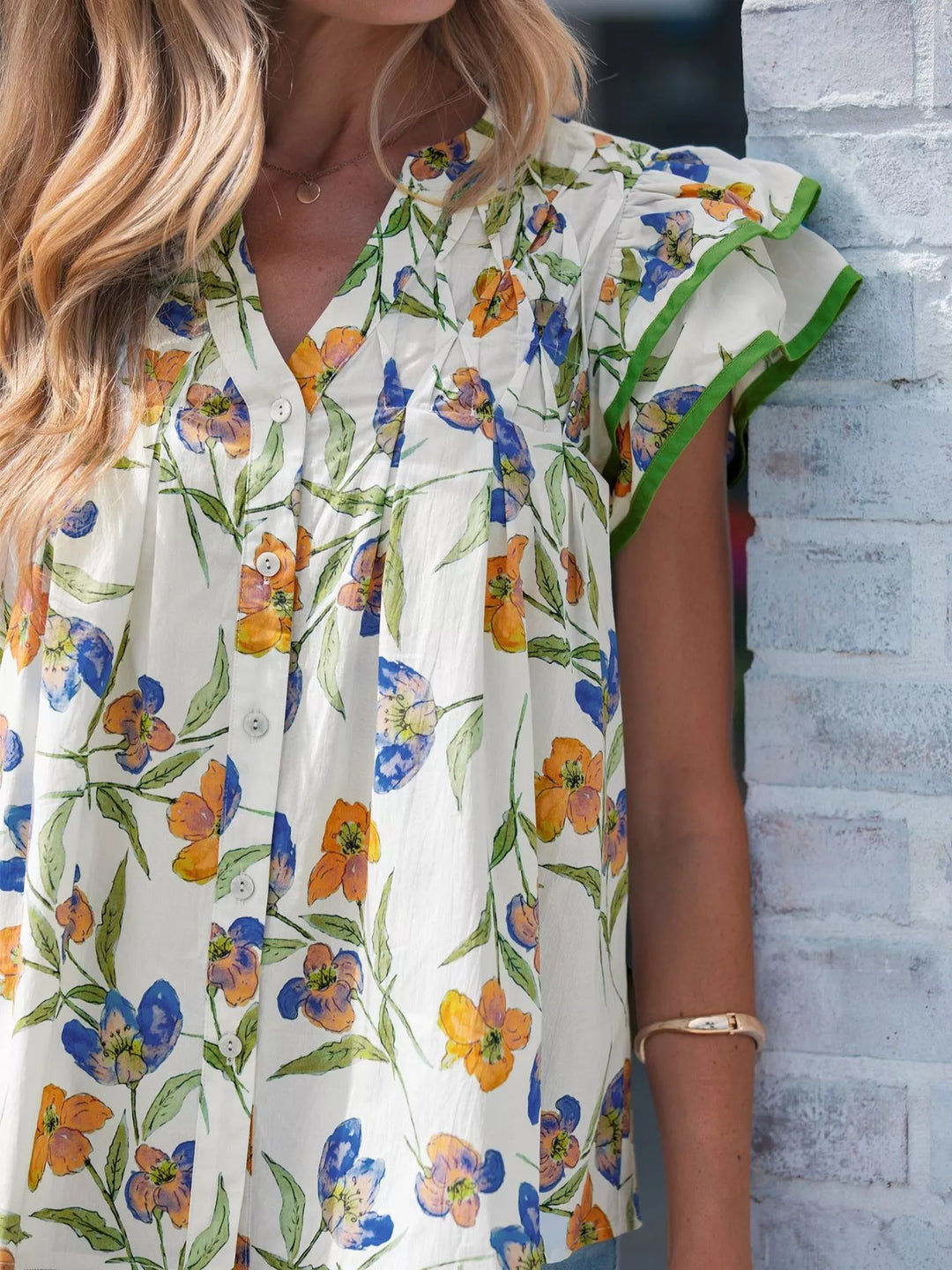 Watercolor floral ruffle-sleeve V-neck cotton blouse