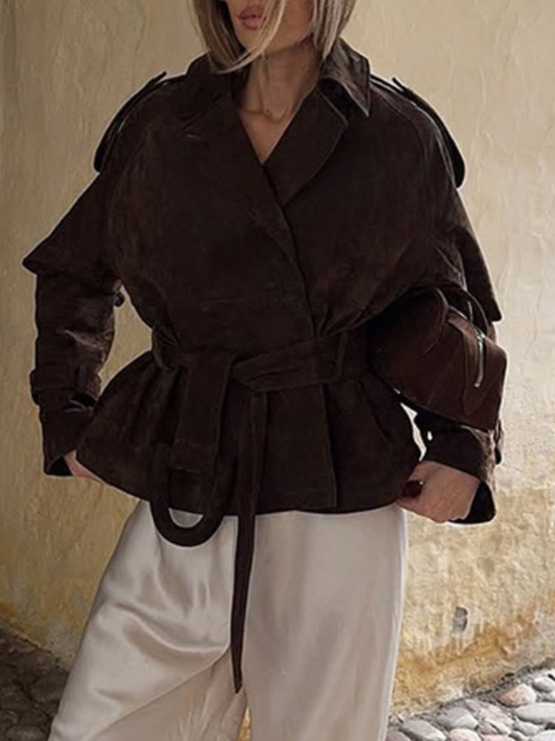 Suede-look tie-waist cropped jacket with lapel collar