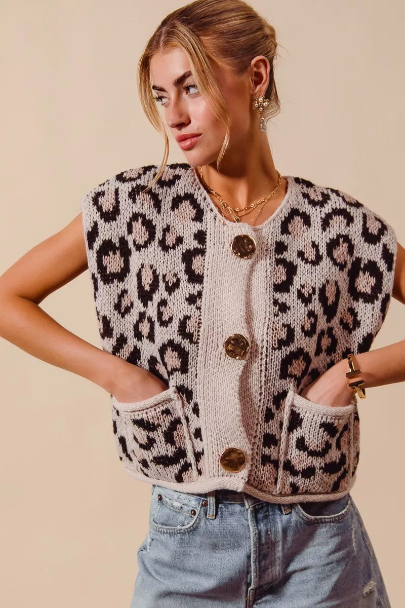 Leopard knit button-front sweater vest with gold buttons