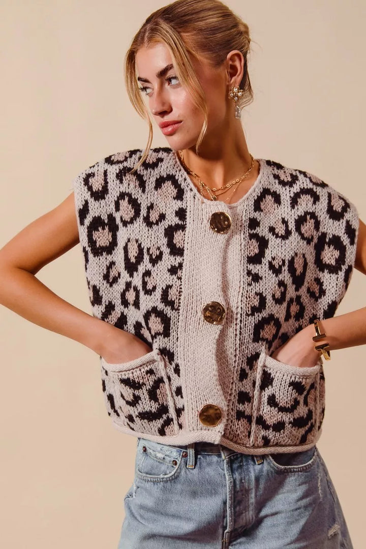 Leopard knit button-front sweater vest with gold buttons