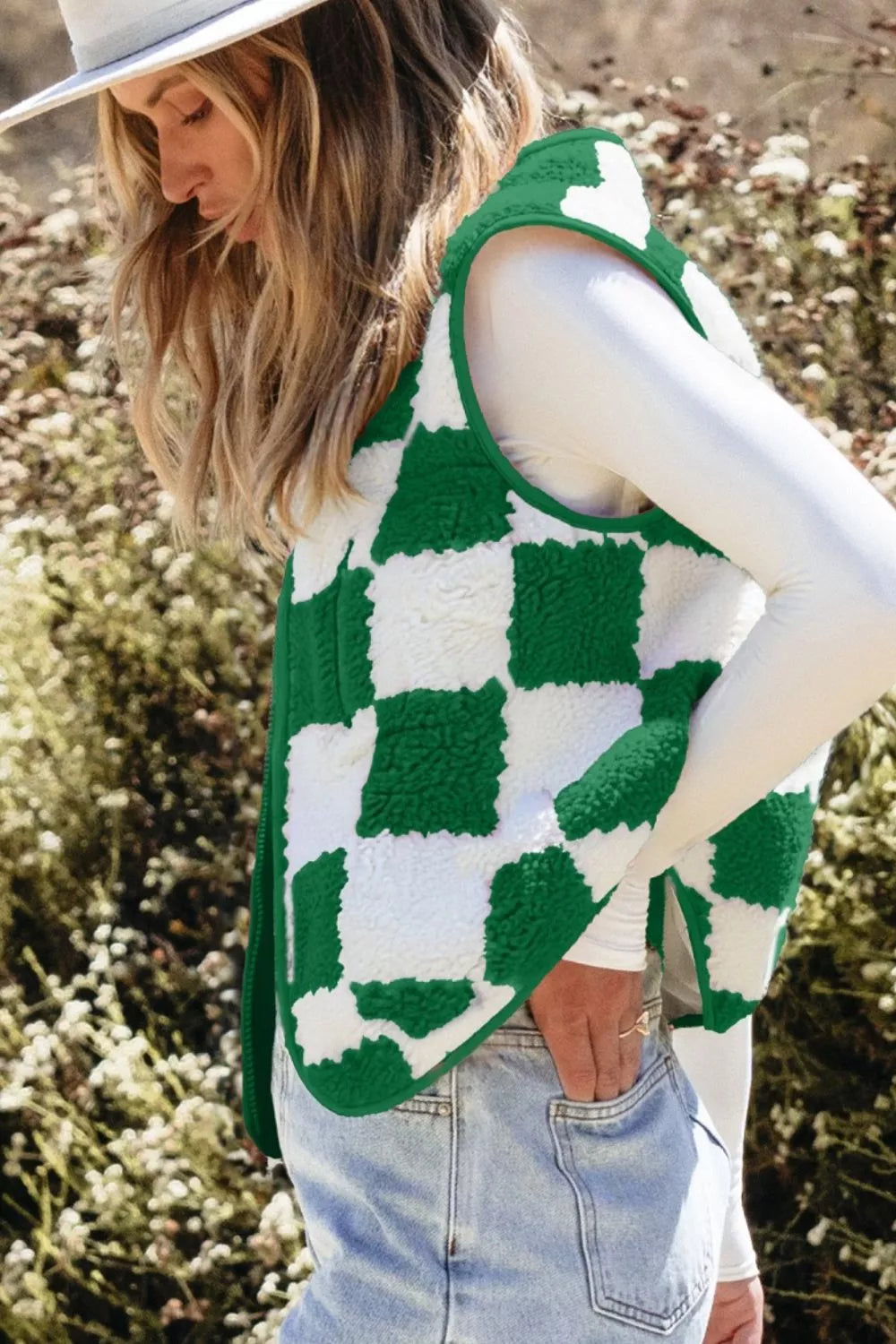Checkerboard sherpa fleece zip vest with stand collar