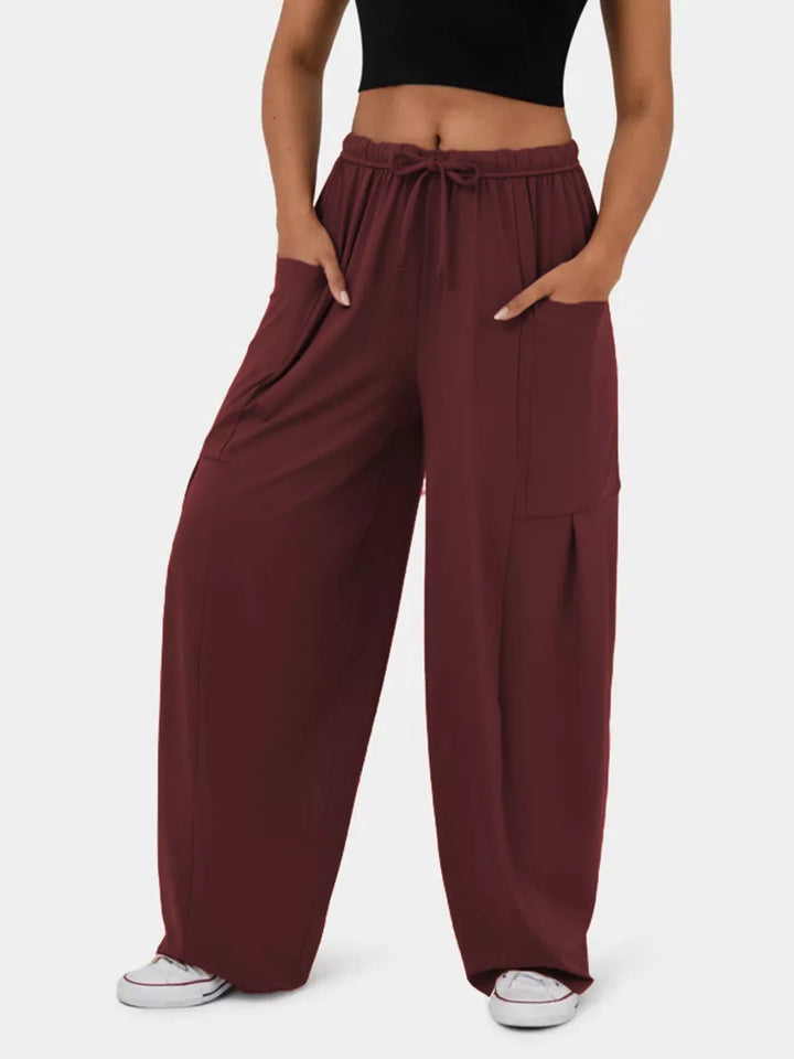 Burgundy High-rise drawstring wide-leg pants with patch pockets