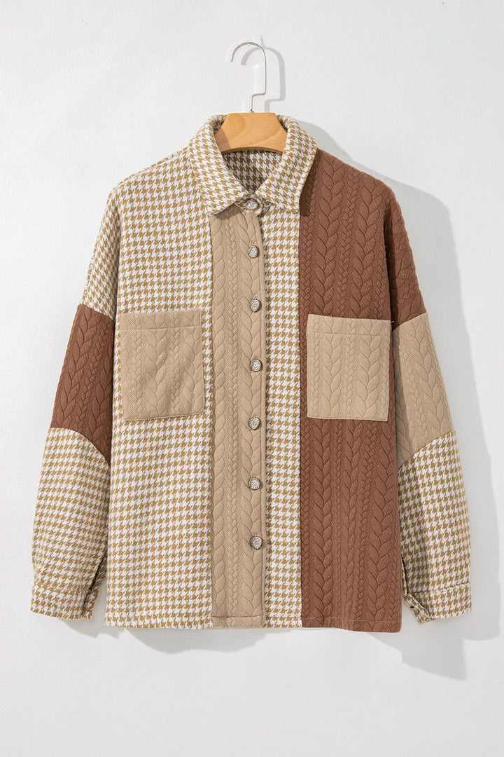 Houndstooth color block button-down shacket with chest pocket