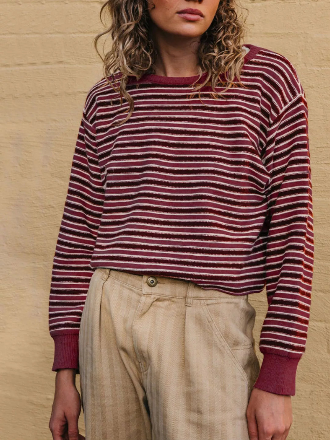 Striped ribbed knit crew neck sweater with drop shoulders