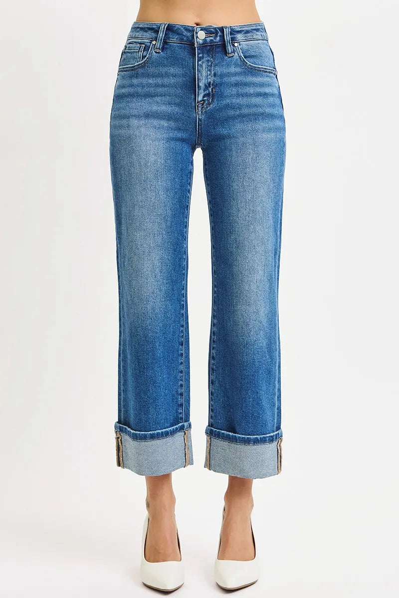 Mid rise straight crop jeans with wide cuffed hem