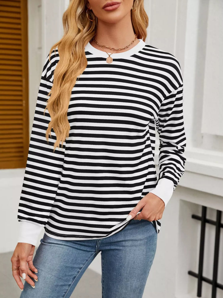 Black Contrast-trim striped long sleeve crew neck top
