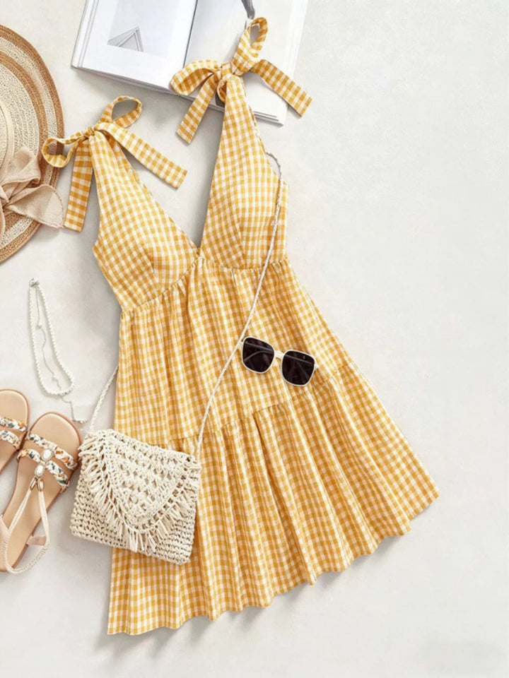 Gingham tie-shoulder babydoll mini dress
