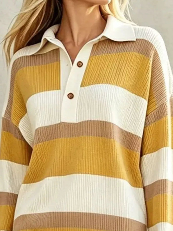Striped ribbed knit polo collar midi sweater dress