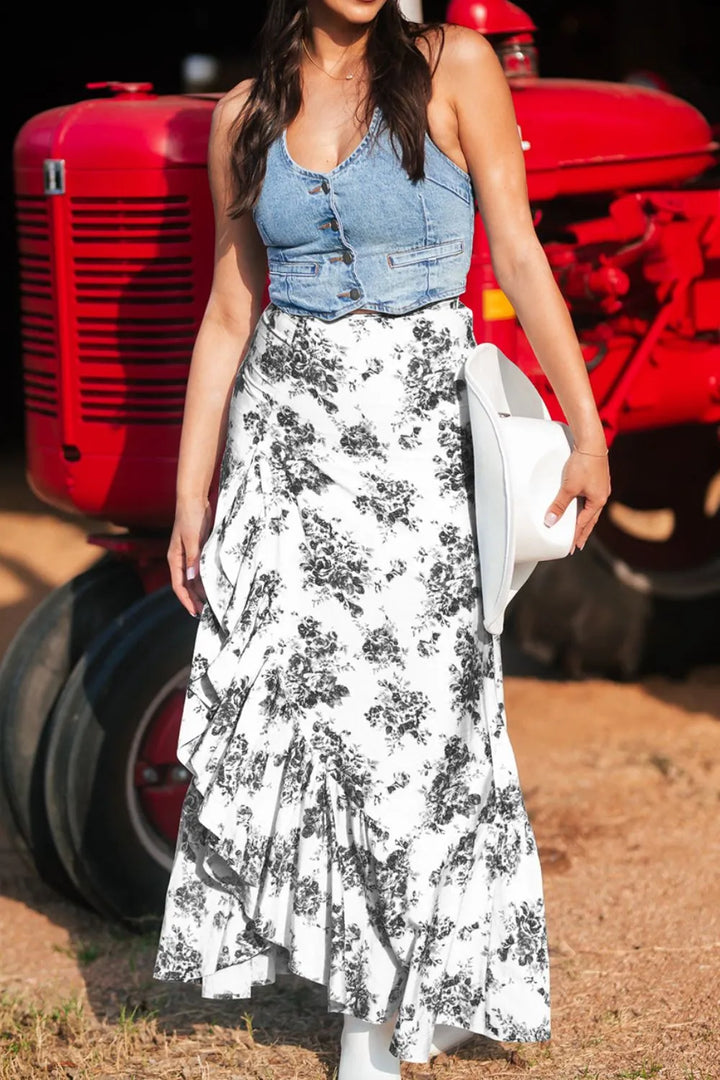 High-waist floral maxi skirt with ruffle and front slit