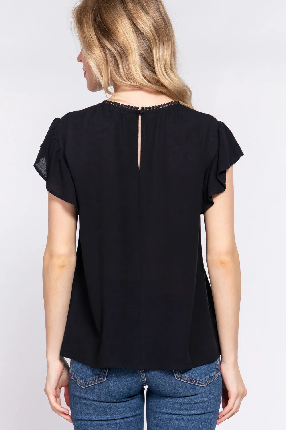 Ruffle flutter sleeve blouse with crochet yoke
