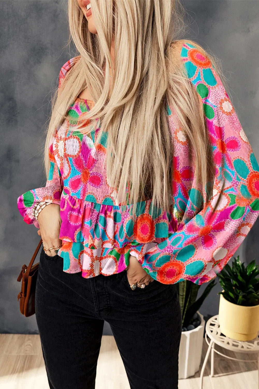 Floral smocked balloon sleeve blouse with tiered ruffle hem