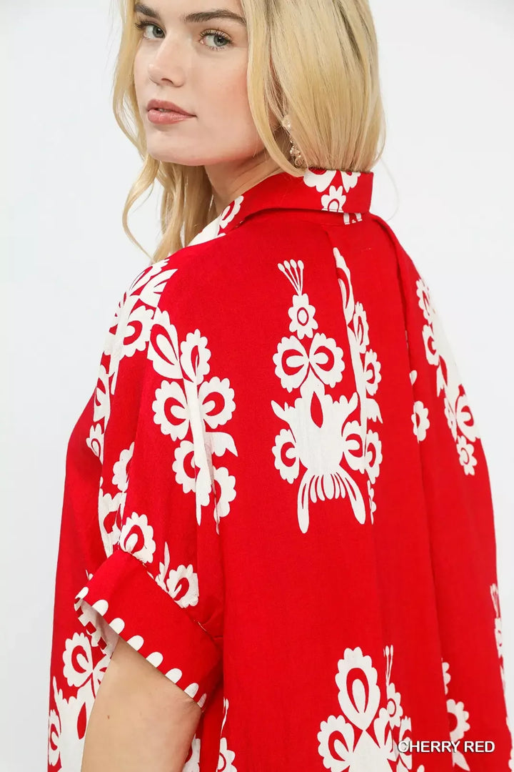 Abstract folk art print oversized button-down shirt