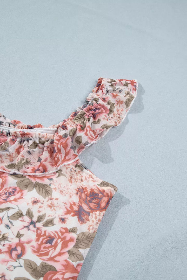Floral ruffle-trim square-neck fitted tank top
