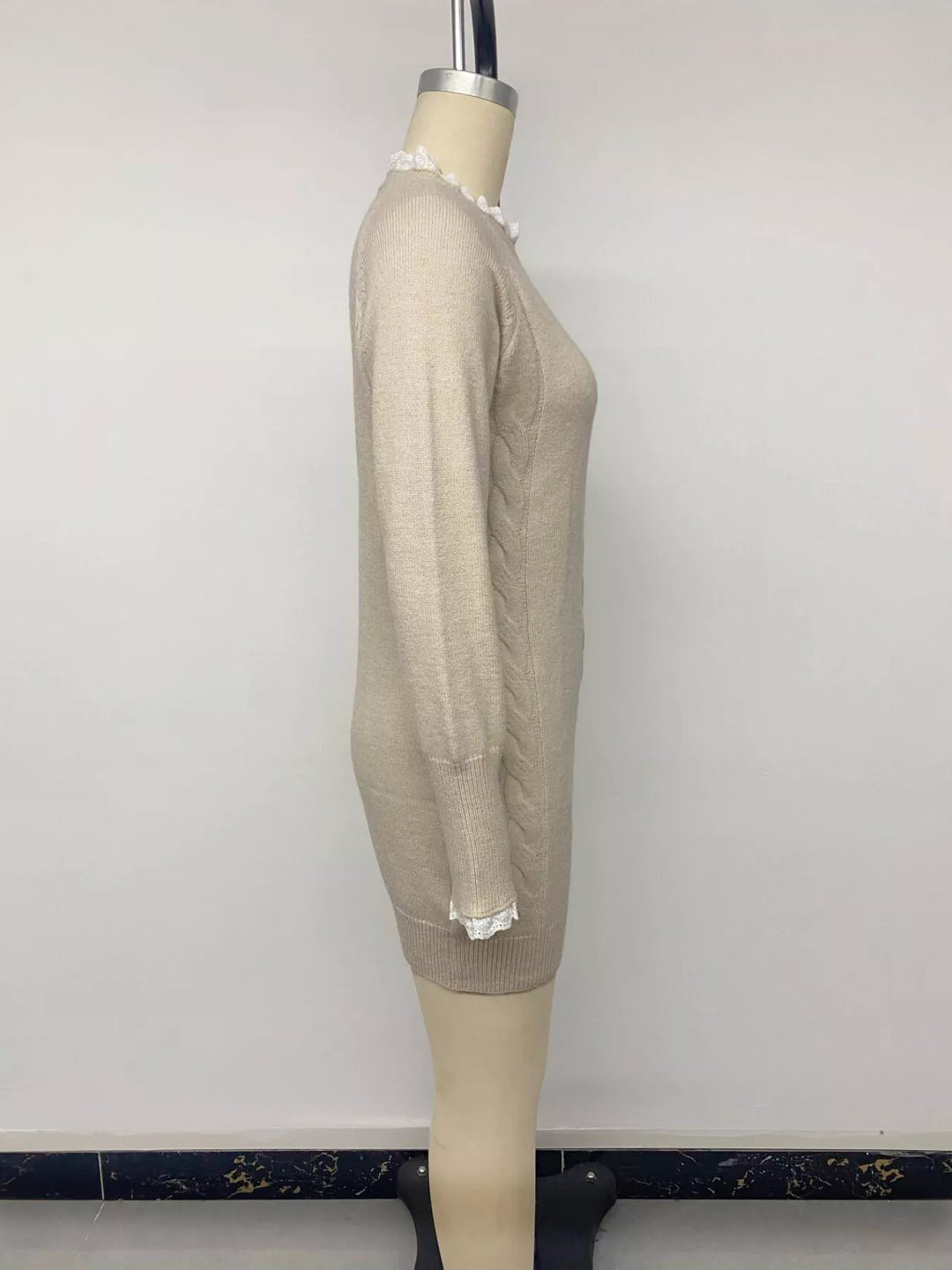 Cable knit raglan sweater dress with lace trim neckline