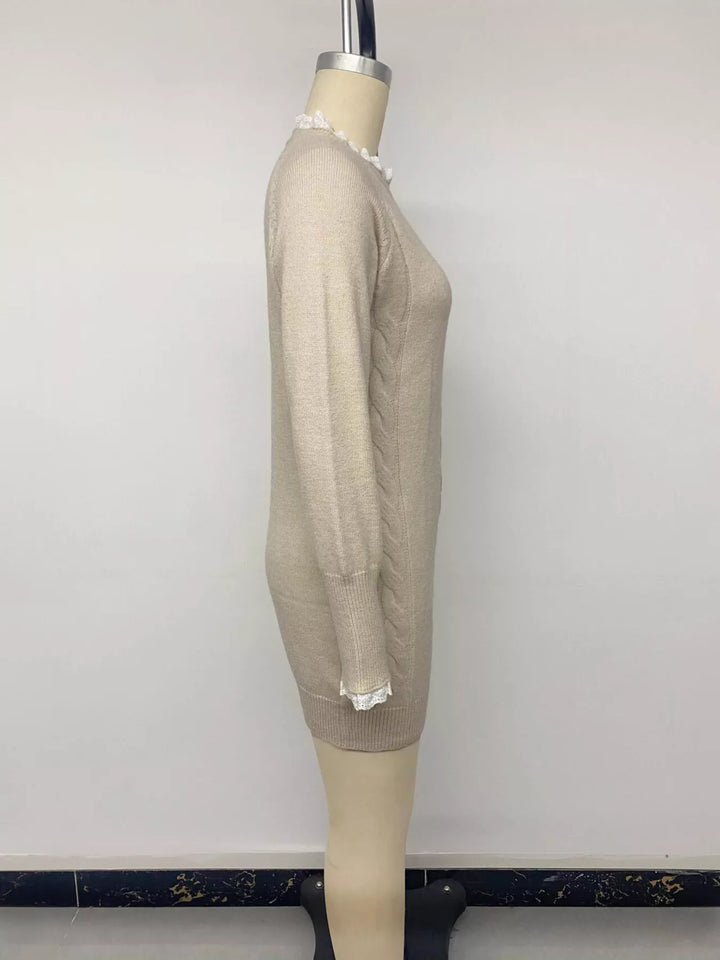 Cable knit raglan sweater dress with lace trim neckline