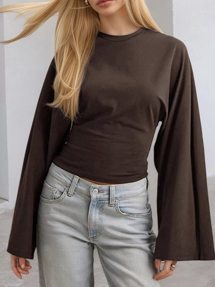 Brown Fitted long sleeve top with flared bell sleeves