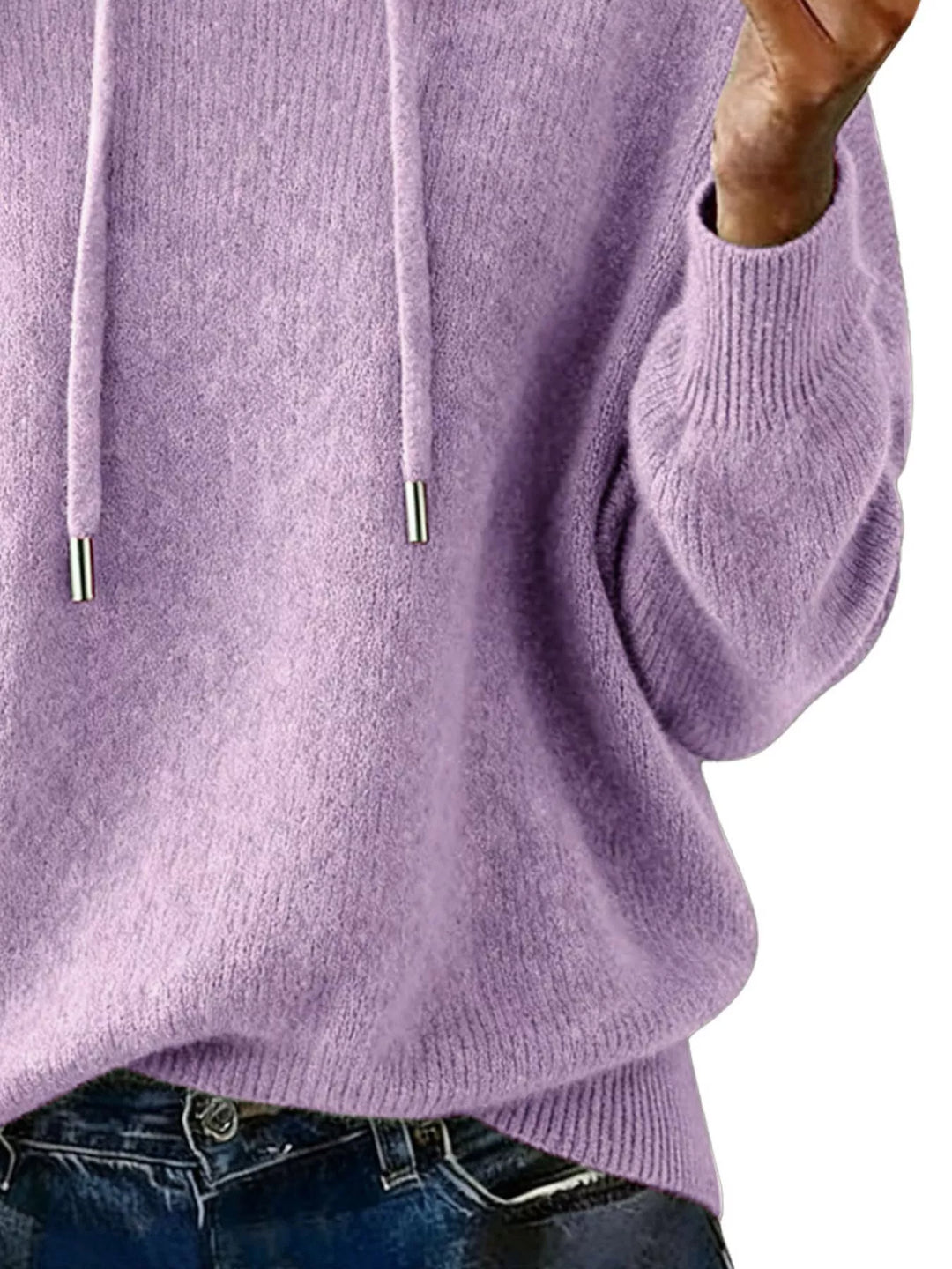 Drawstring hooded knit pullover sweater with ribbed cuffs
