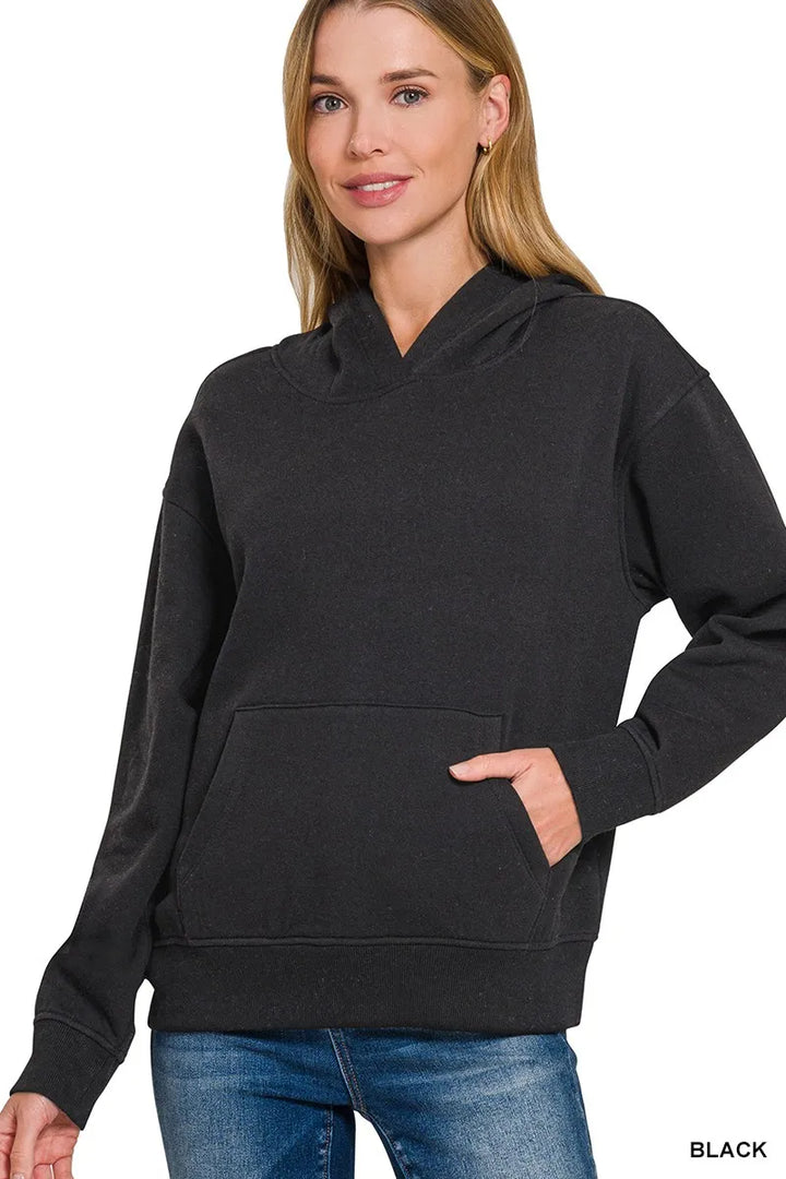 BLACK Fleece pullover hoodie with kangaroo pocket and ribbed hem