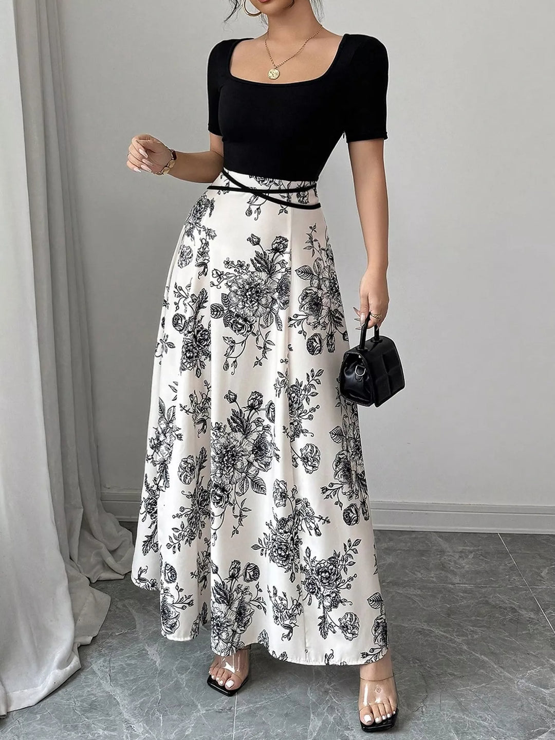 Square-neck floral print maxi dress with crisscross waist