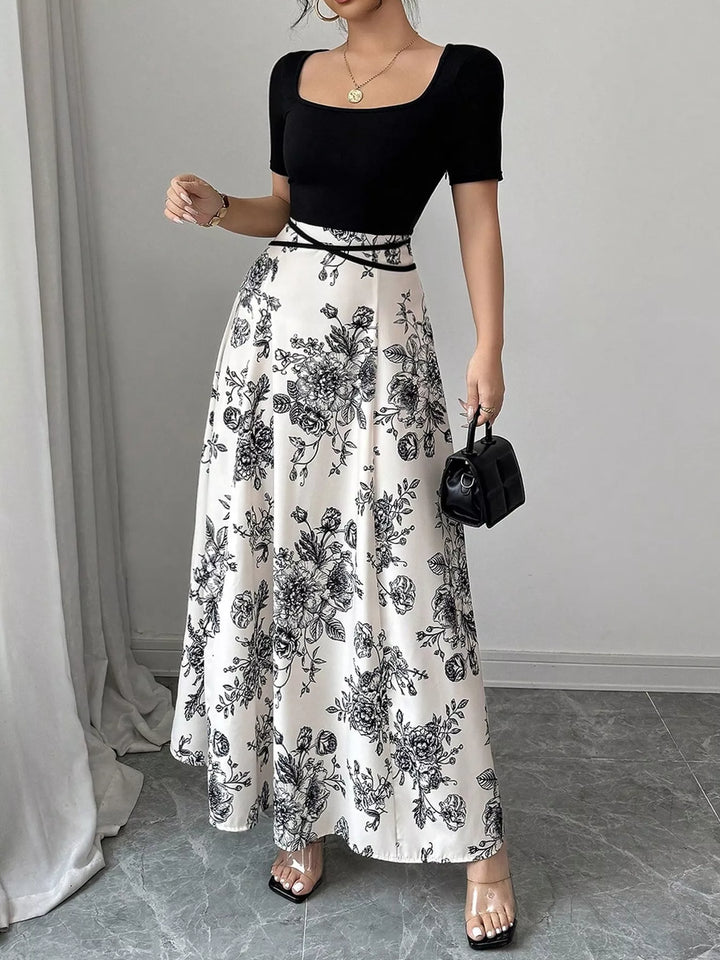 Square-neck floral print maxi dress with crisscross waist