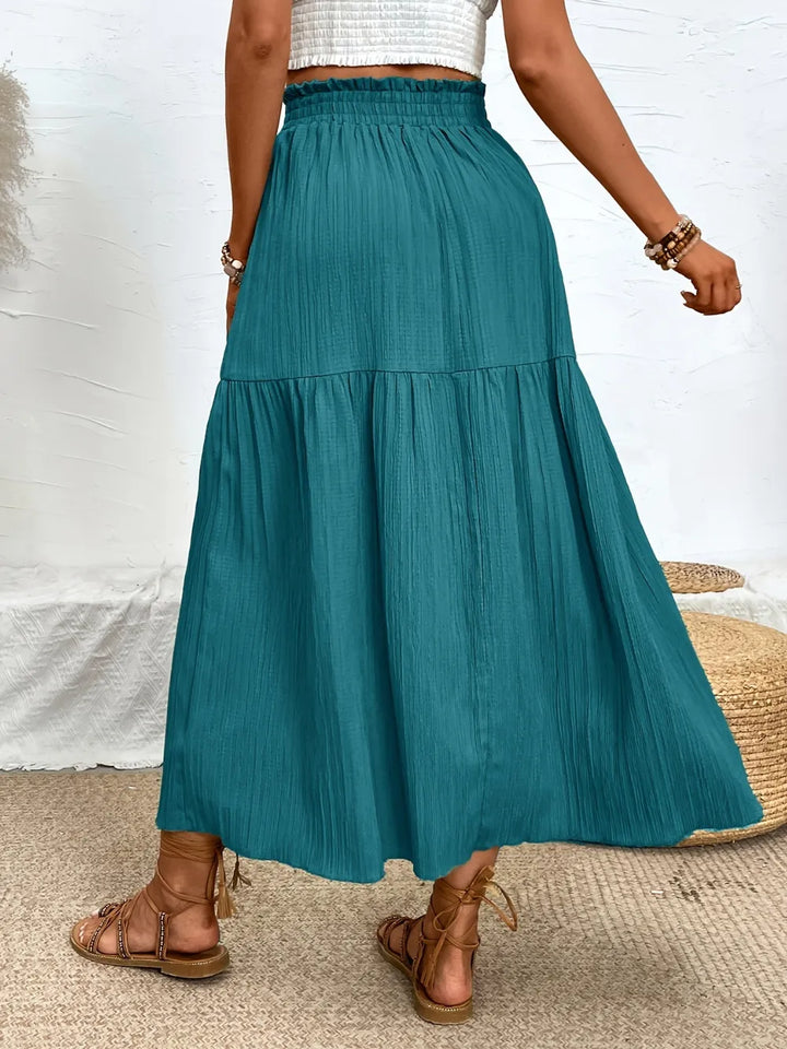 Tiered crinkle midi skirt with smocked waist and front slit