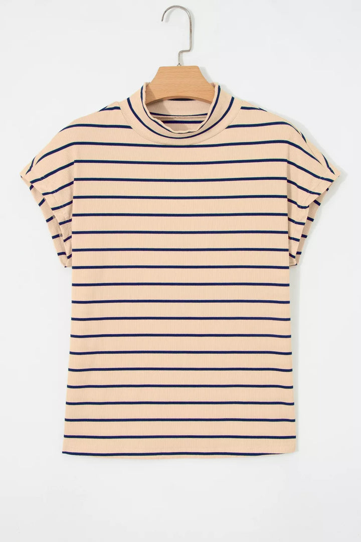 Striped mock neck short sleeve knit top