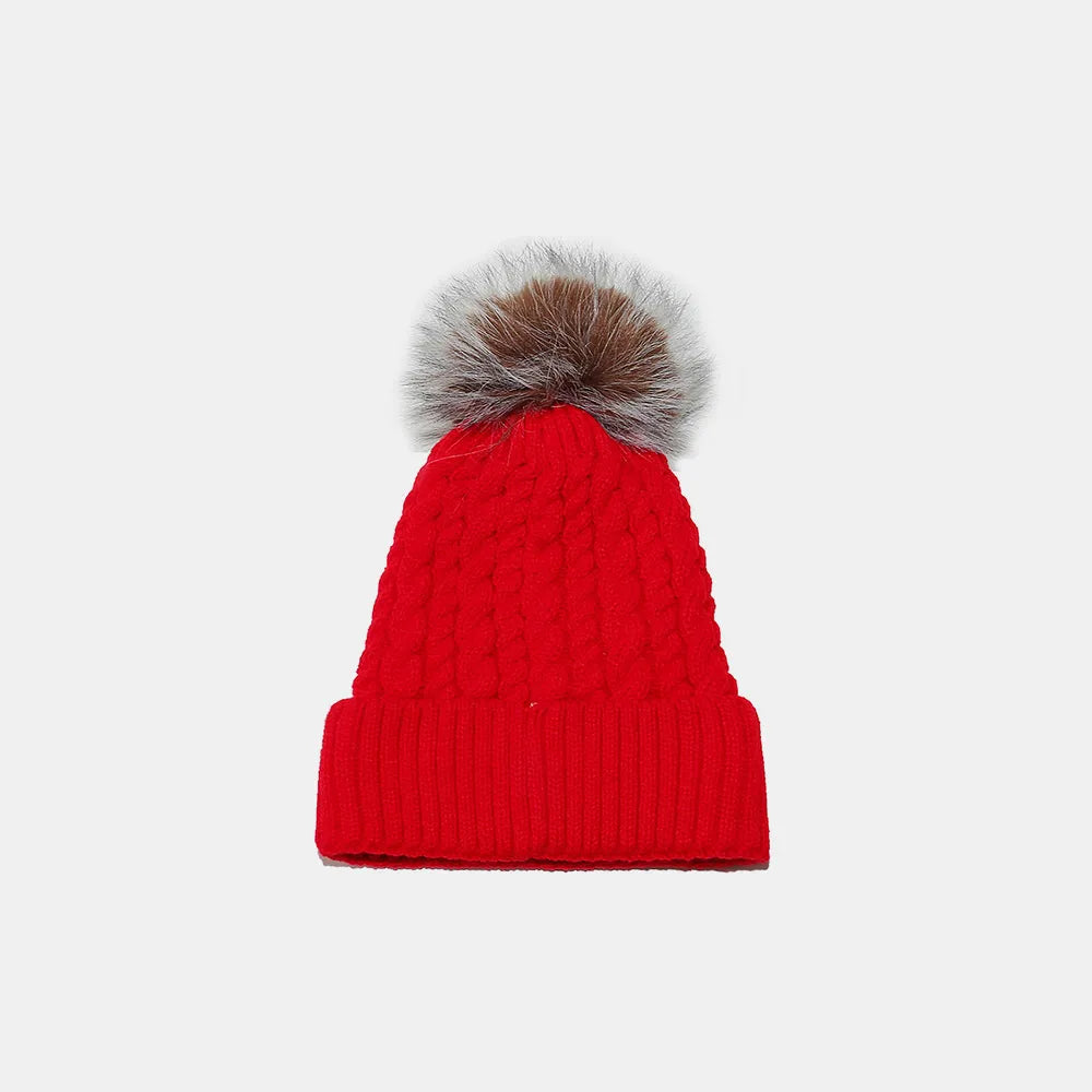 Deep Red Braided cable knit pompom beanie with fold-over cuff