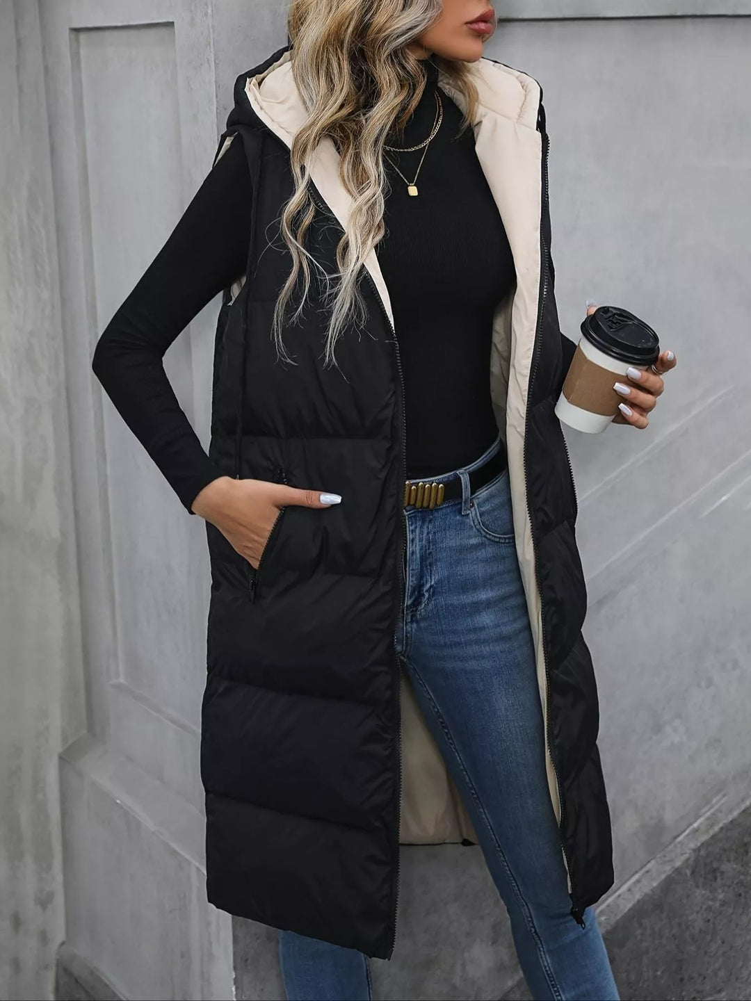 Longline hooded puffer vest with zip pockets