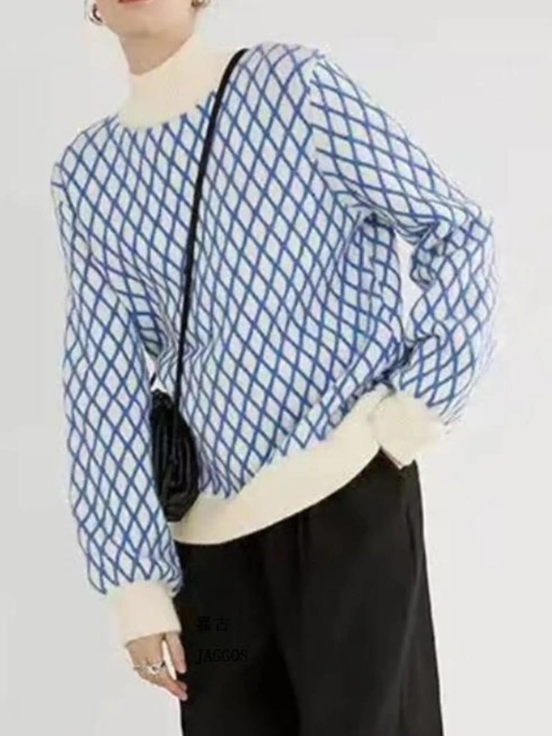 Geometric lattice knit turtleneck sweater