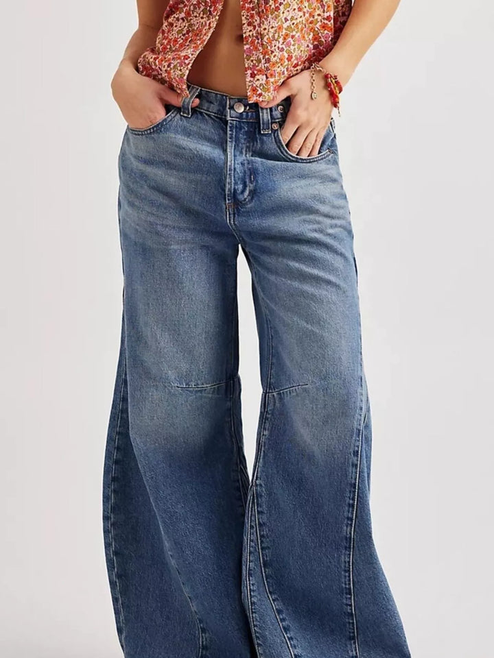 Dark Blue High-rise wide leg balloon jeans with paneled knee seam