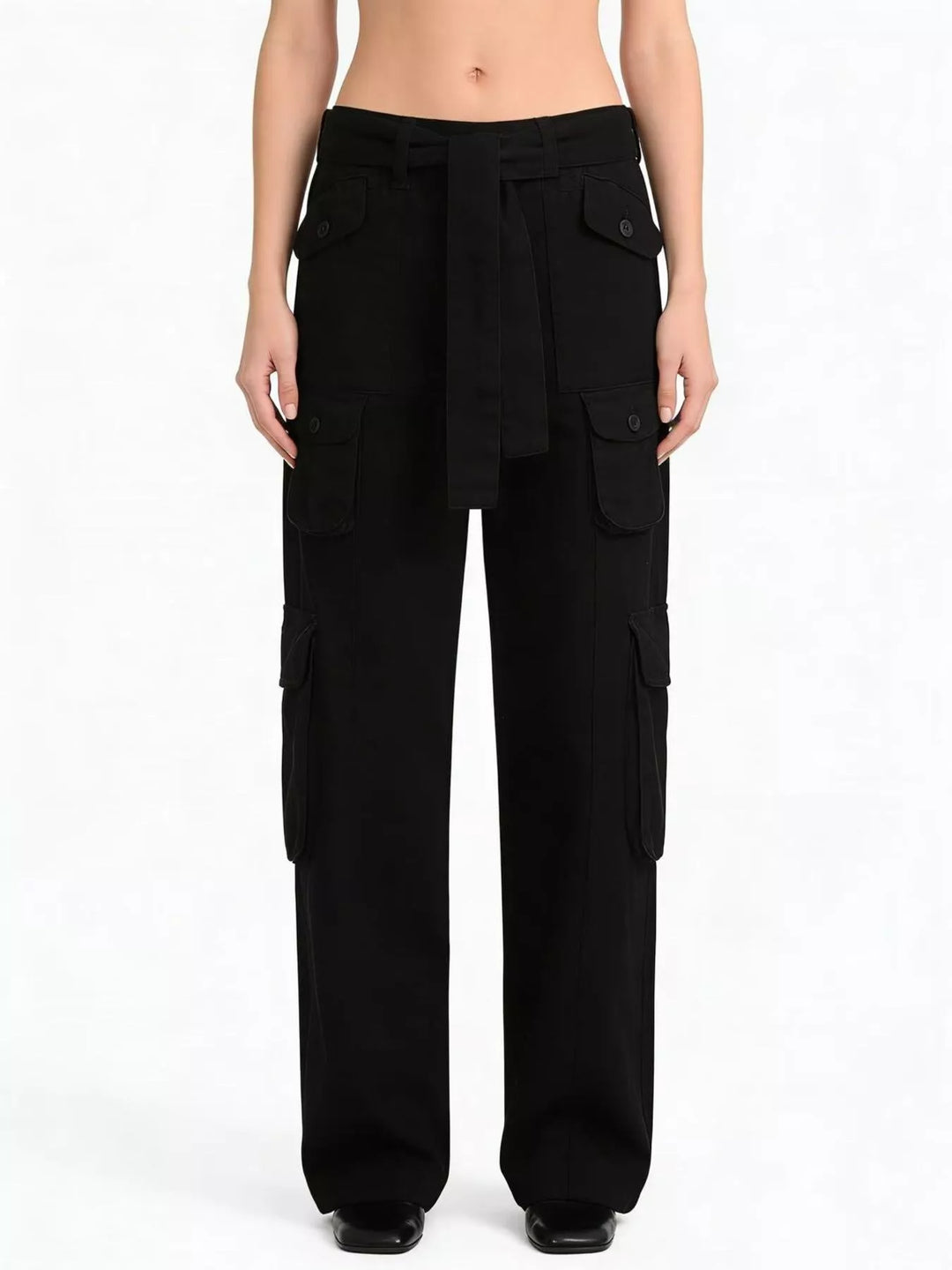 Black Wide-leg cargo jeans with tie belt and button-flap pockets
