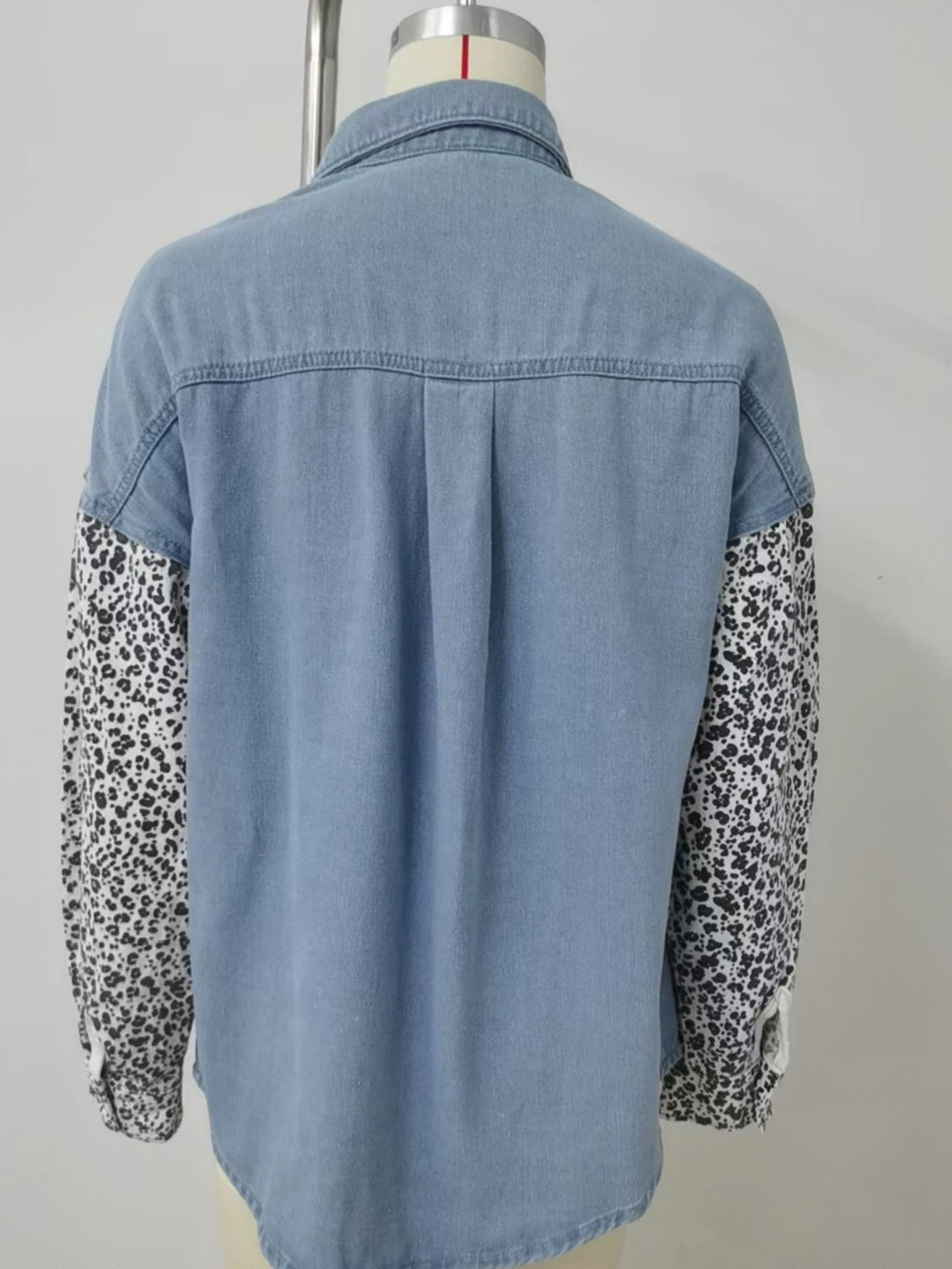 Leopard patchwork button-up denim shirt