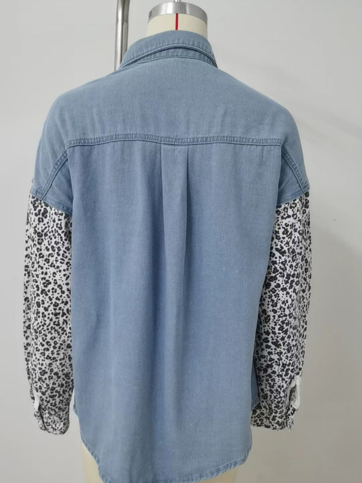 Leopard patchwork button-up denim shirt