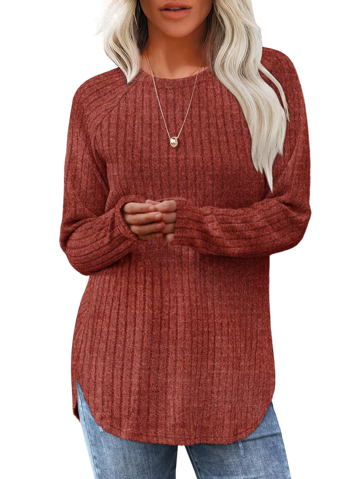 caramel color Ribbed knit crew neck long sleeve top with curved hem