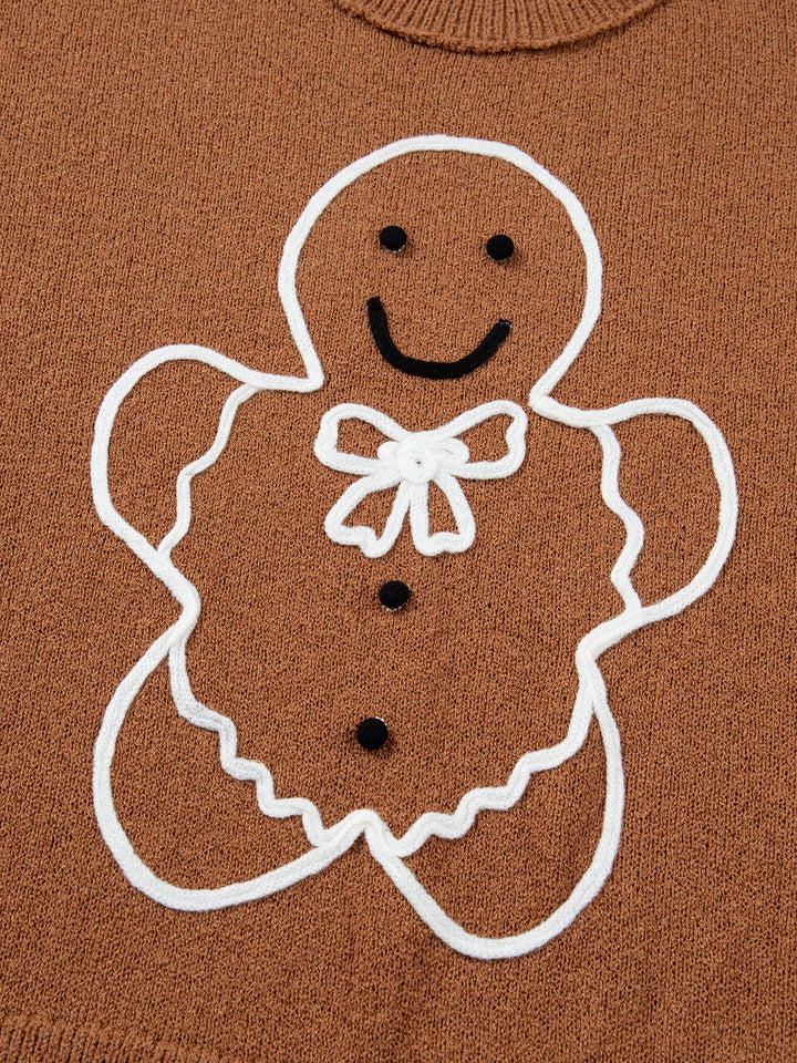 Gingerbread man embroidered drop shoulder knit sweater