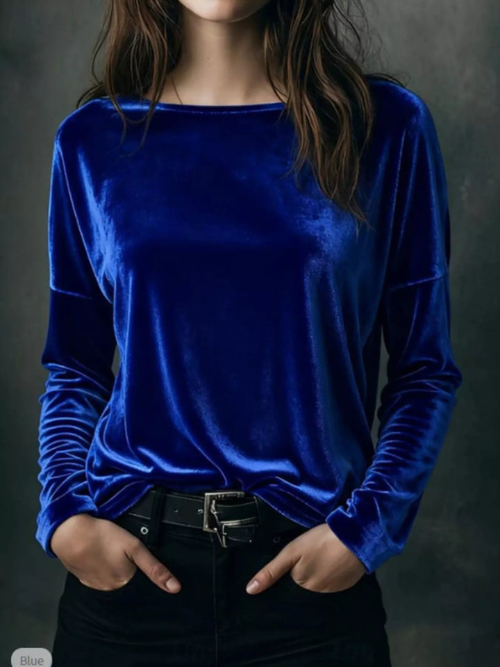 Blue Velvet long sleeve boat neck top with dropped shoulders