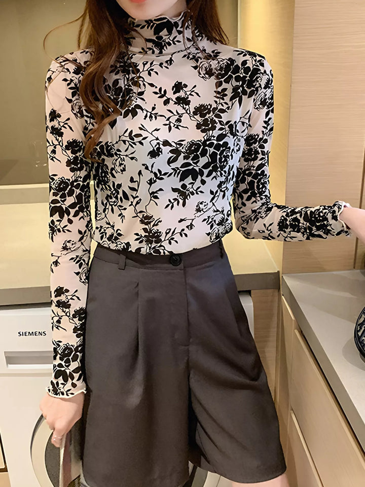 Sheer floral mesh mock neck long sleeve top
