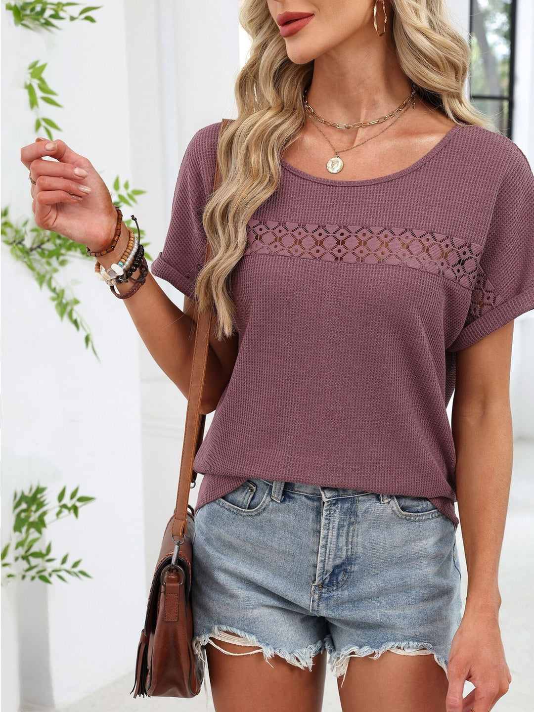 Waffle knit top with lace inset yoke and cuffed sleeves