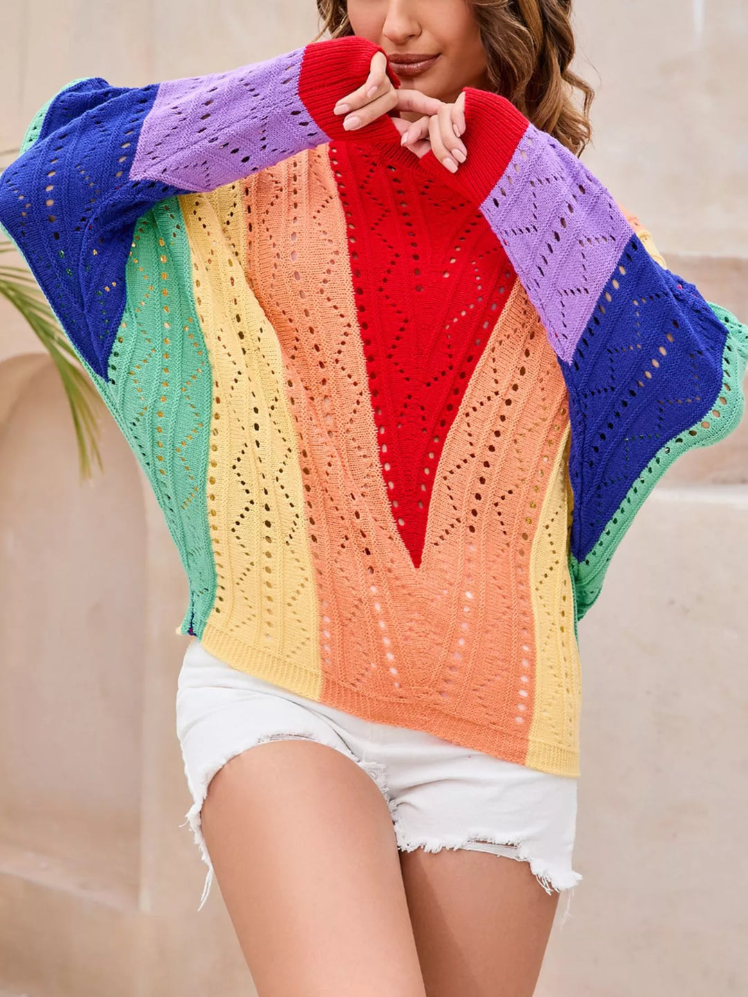 Rainbow color block openwork knit sweater